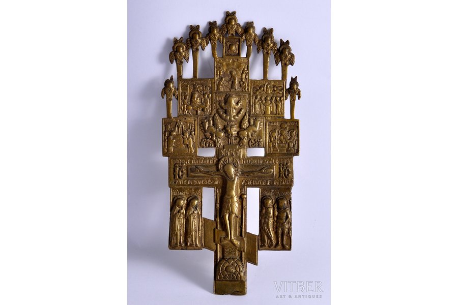 крест, Распятие Христово с предстоящими и избранными иконами, медный сплав, Российская империя, 25.5x12.5 см