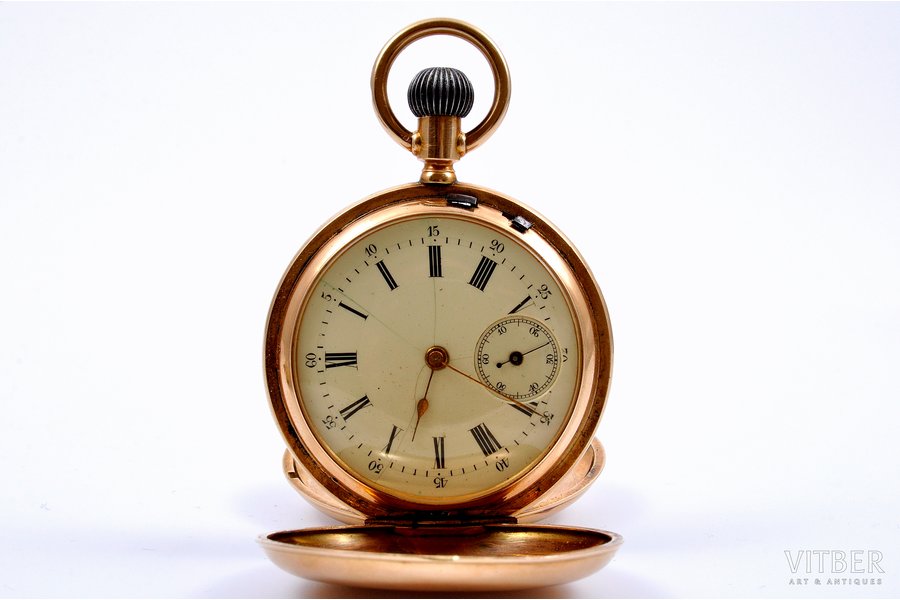 pocket watch, two-sided, France, the beginning of the 20th cent., gold, 14 K standart, 91.7 g, Ø 49.5 mm, serviceable