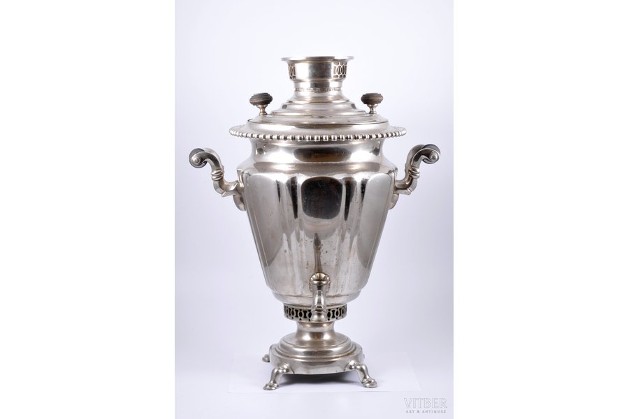 samovar, Vorontsov manufactory in Tula, brass, nickel plating, Russia, the 2nd half of the 19th cent., 50.5 cm, weight 7200 g, no tap