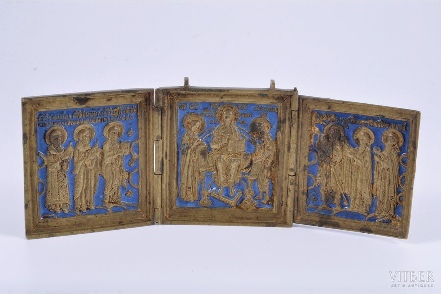 icon with foldable side flaps, Jesus Christ and saints, copper alloy, 1-color enamel, Russia, the 19th cent., 6 (16.2) x 6.5 cm