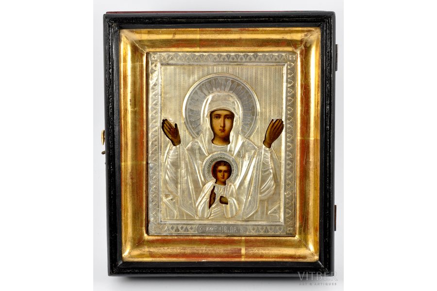 икона, киот, "Знамение Пресвятой Богородицы", серебро, 84 проба, рубеж 19-го и 20-го веков, 18x14.5 см