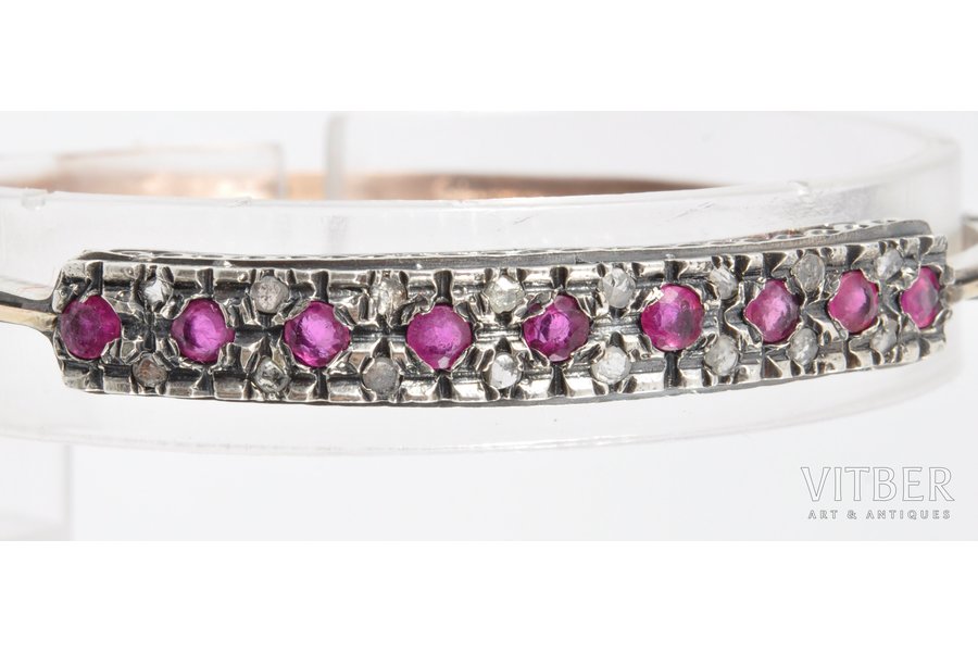 a bracelet, gold, silver, 375 standard, 10,6 g., the diameter of the bracelet 7 см cm, diamonds, ruby, the 40-50ies of 20 cent.