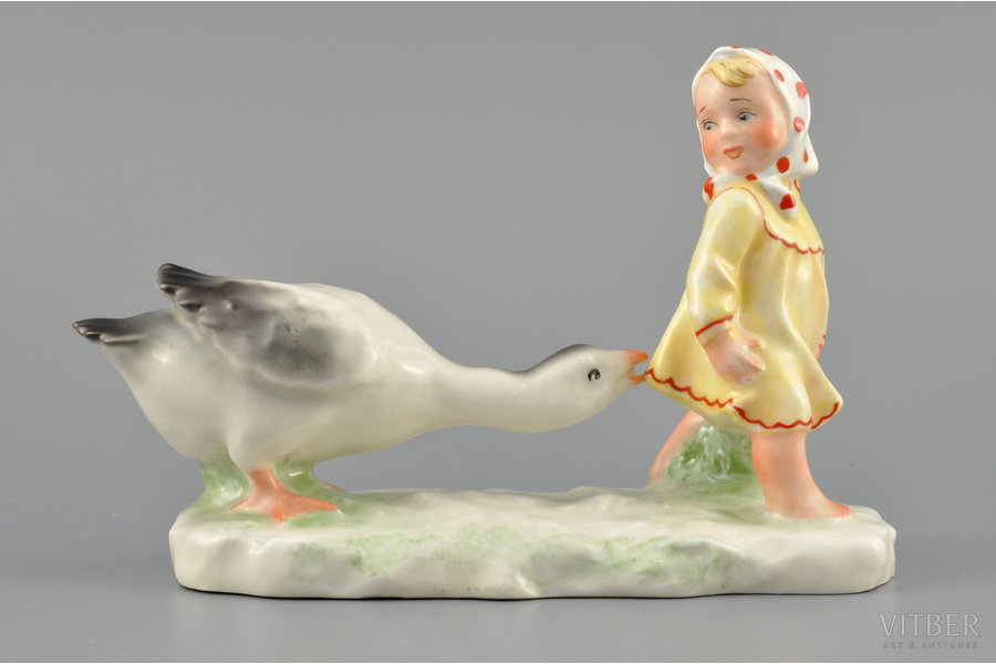 figurine, Girl with a goose, porcelain, Riga (Latvia), USSR, Riga porcelain factory, the 50ies of 20th cent., 10 cm