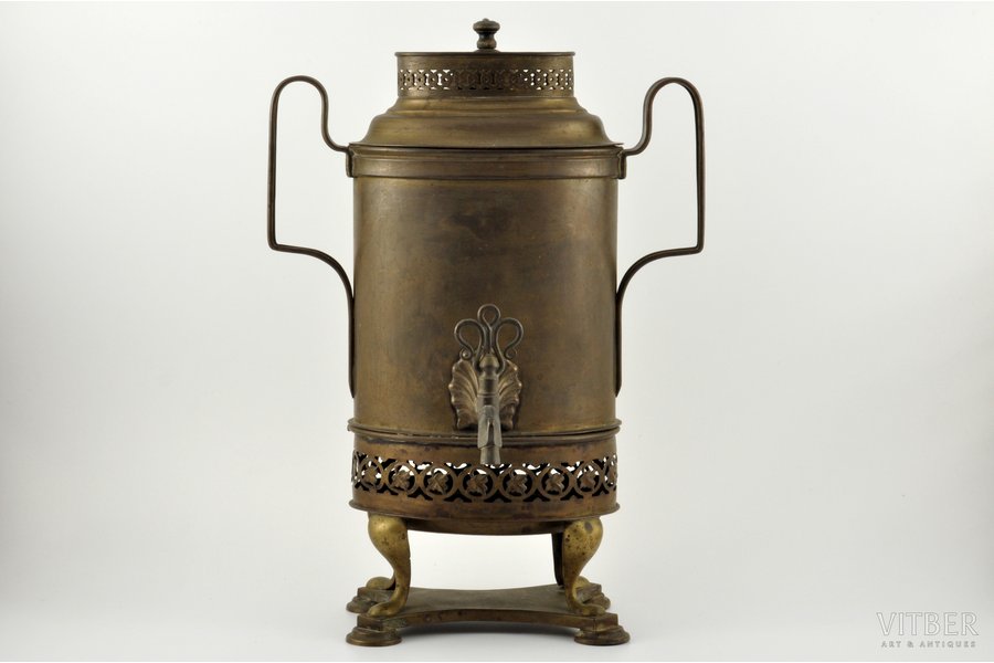 самовар, "Кофейник, цилиндр", латунь, Российская империя, рубеж 19-го и 20-го веков, 40 x 28 x 21 см, вес 1740 г, клейма отсутствуют