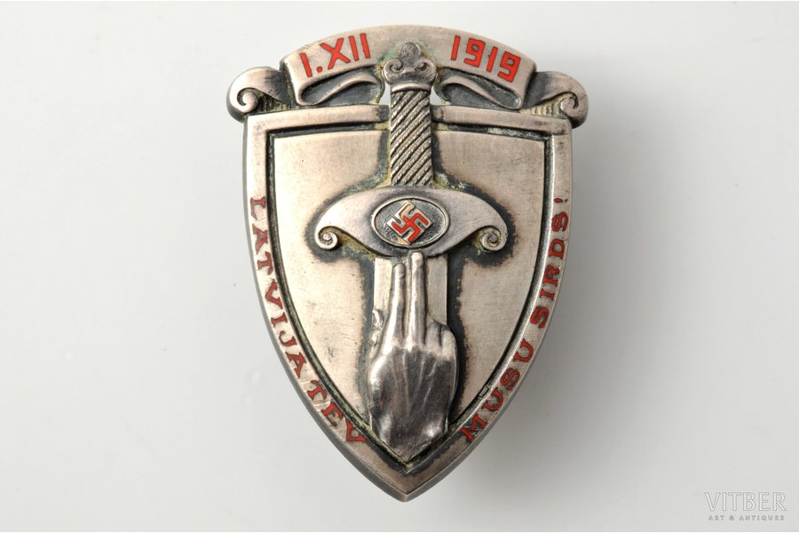 badge, Joint War school, graduating class of 1938th, Nº 937, silver, Latvia, 20-30ies of 20th cent., 44.3 x 34.2 mm, 15.60 g, V. F. Miller's manufactory