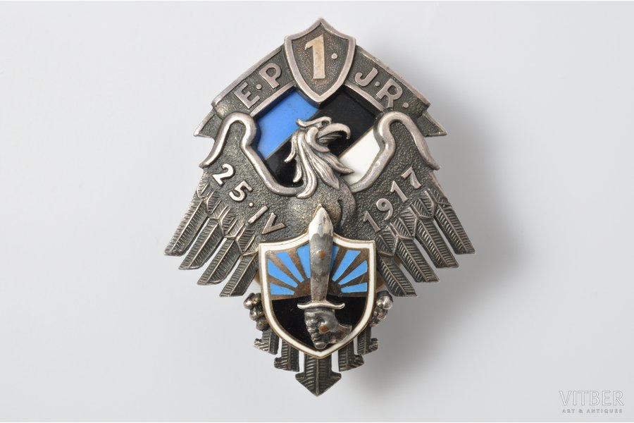badge, 1st Infantry Regiment, Estonia, 20-30ies of 20th cent., 46 x 38 mm, 19.55 g