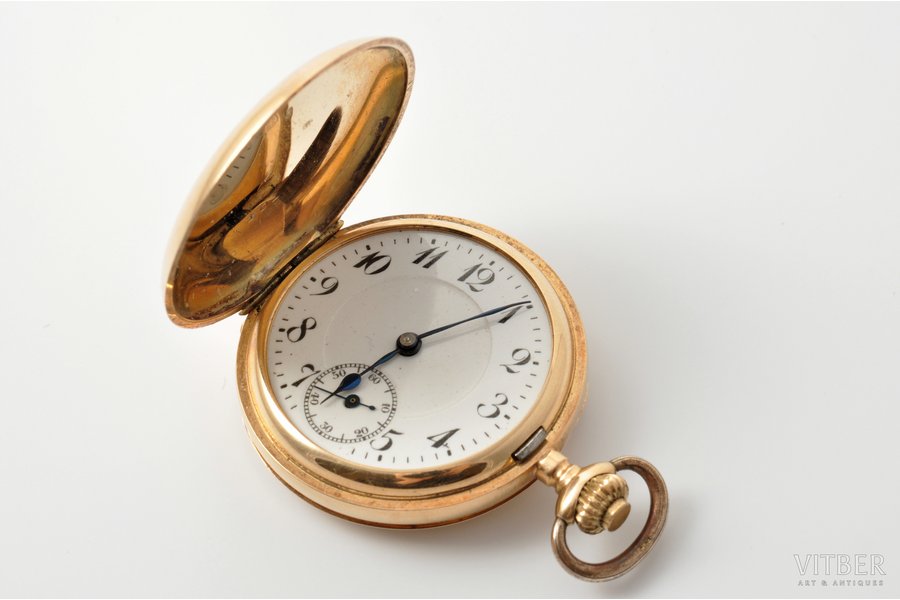 pocket watch, Germany, the 20ties of 20th cent., gold, 585 standart, 28.65 (total) g., ~10 (gold) g, Ø 32.8 mm, needs servicing