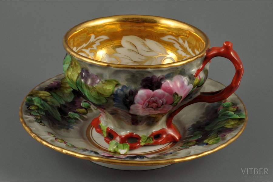 tea pair, from coral service, Kornilov Brothers manufactory, Russia, 1840-1860, saucer Ø 15 cm, cup height 6.8 cm, saucer fragment gluing, chip on petal (base)
