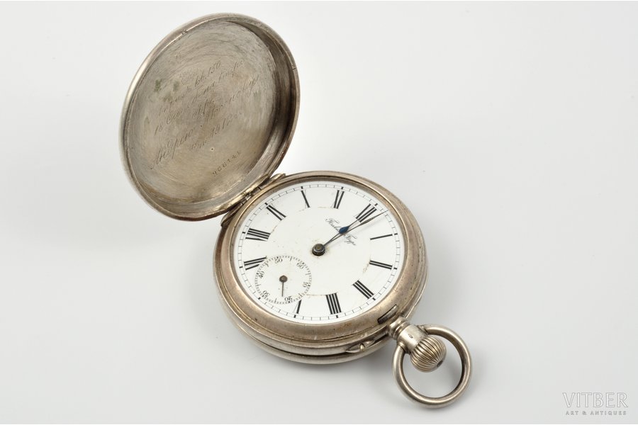 pocket watch, "Павелъ Буре (Pavel Buhre)", 1st prize "For an excellent shooting", to Andrey Aksyenov, supplier of the court of His Imperial Majesty, Russia, the beginning of the 20th cent., silver, 84 standart, Ø 50 mm, out of working condition