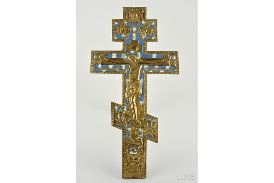 крест, Распятие, медный сплав, золочение, 2-цветная эмаль, Российская империя, 2-я половина 19-го века, 38.2 x 19.7 см
