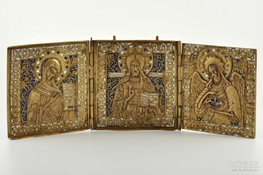 icon with foldable side flaps, Deesis: Jesus Christ, Virgin Mary and St. John the Baptist, copper alloy, 2-color enamel, Russia, the 2nd half of the 19th cent., 37 x 13.4 (12 x 13.4) cm, 852 g.