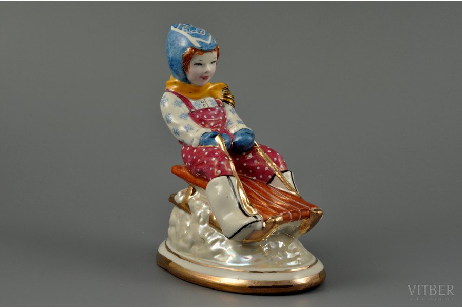 figurine, Down the hill, porcelain, Riga (Latvia), USSR, sculpture's work, Riga porcelain factory, handpainted by Antonina Pashkevich, molder - Zina Ulste, 12.5 cm, first grade