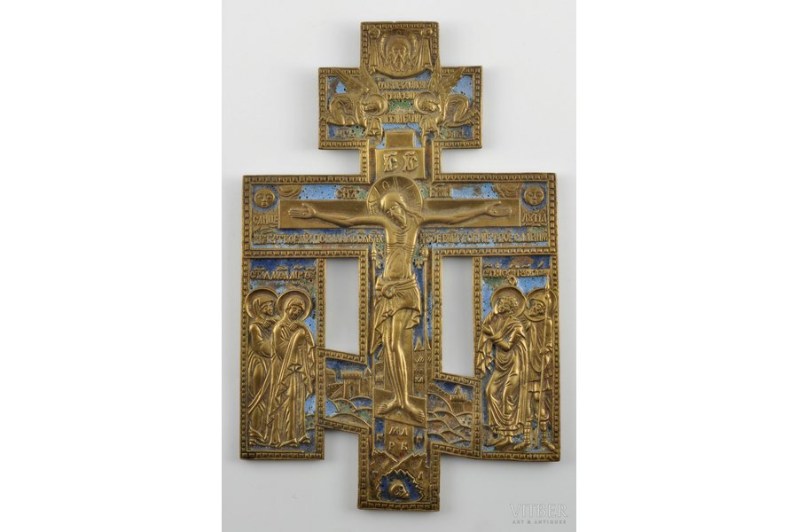 cross, The crucifixion of Christ with The Mother of God and saint Martha on left plate and John the Evangelist and martyr Longinus on right plate, copper alloy, 3-color enamel, Russia, the border of the 19th and the 20th centuries, 22.7 x 14.8 cm, 507.7 g.