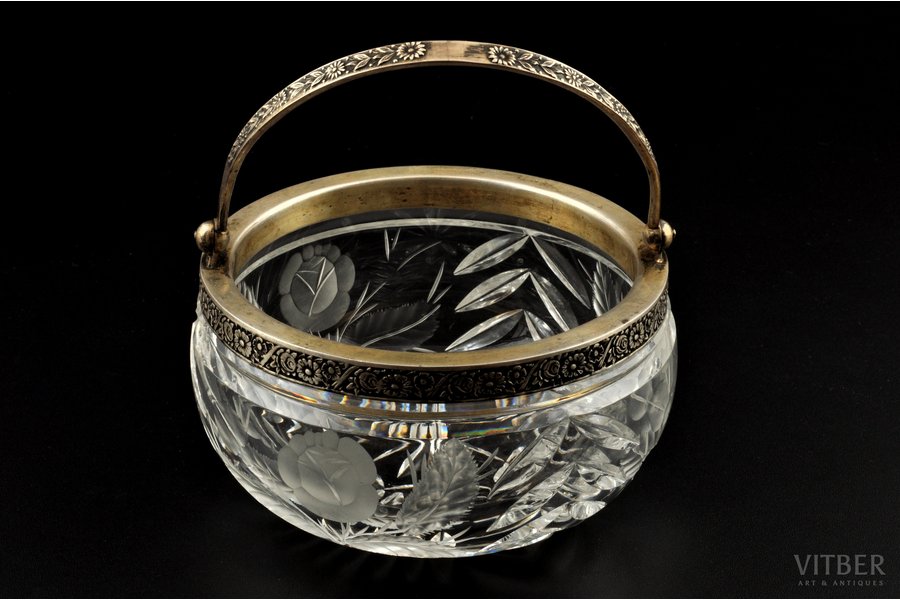 candy-bowl, silver, 875 standard, crystal glass, 11.5(Ø)x5.5 cm, the 30ties of 20th cent., Latvia