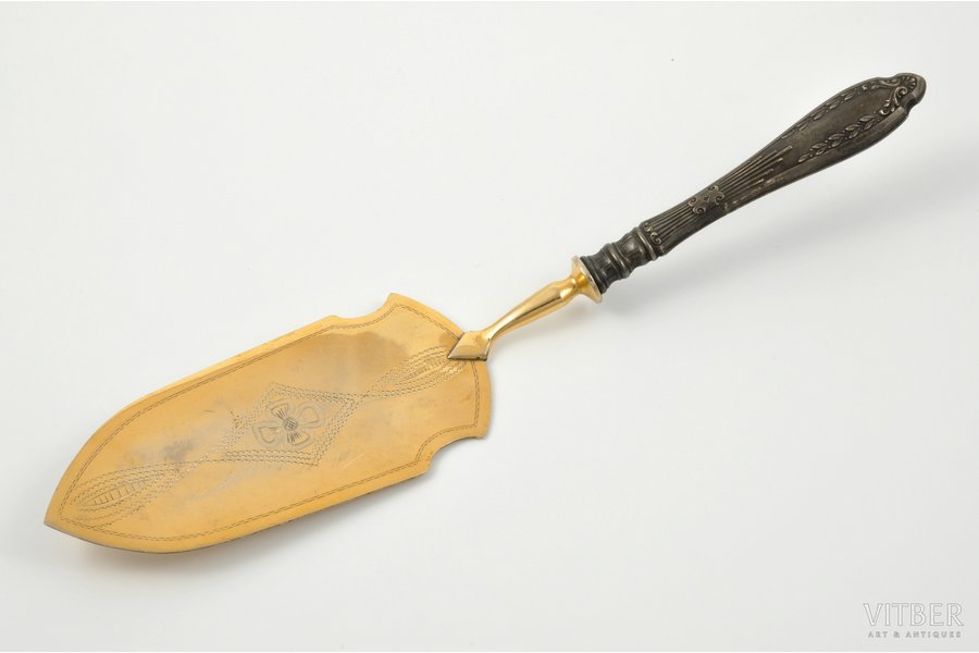 cake server, methal, silver, 875 standart, niello enamel, gilding, the 20ties of 20th cent., 98.50 g (item's weight), Latvia, 29 cm