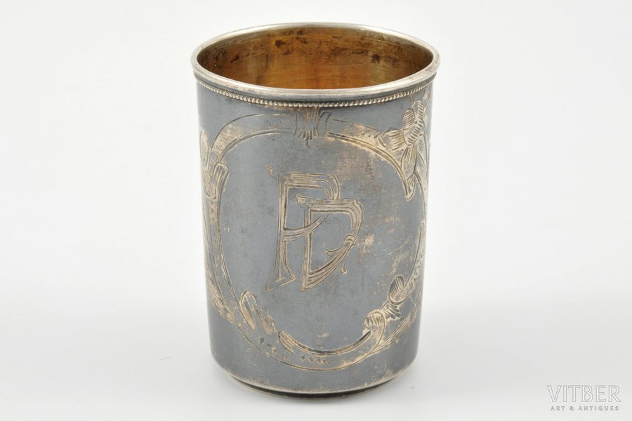 beaker, silver, 84 standard, 34.4 g, engraving, niello enamel, h = 5.7 cm, Ø = 4.2 cm, by I.Prokofyev, 1896-1907, Moscow, Russia