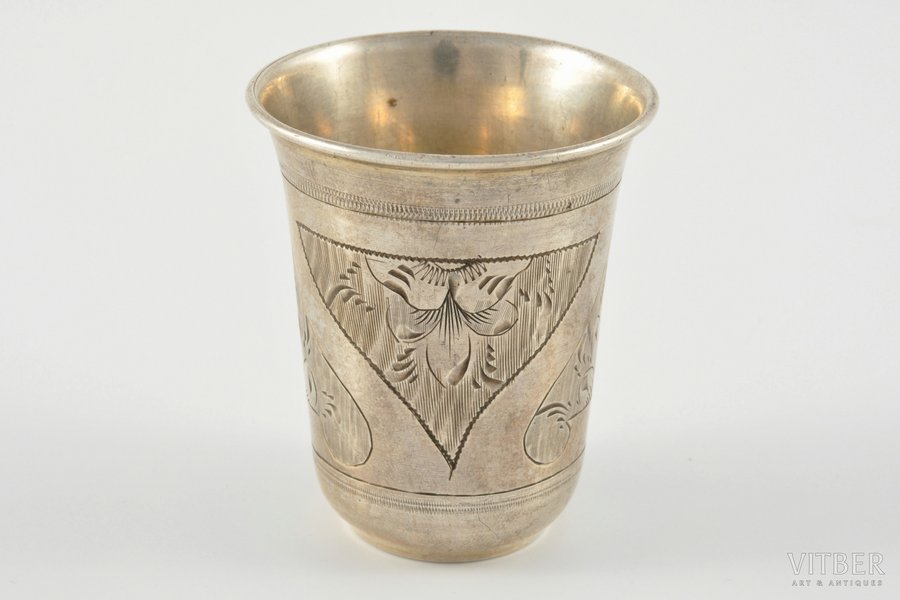 beaker, silver, 84 standard, 27.5 g, engraving, h = 5.1 cm, Ø = 4.4 cm, 1882, Moscow, Russia