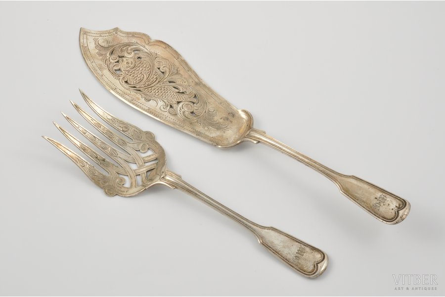 flatware set: fork, cake server, silver, engraving, 1875, 150.40+98.20 g, Germany, 31+23 cm