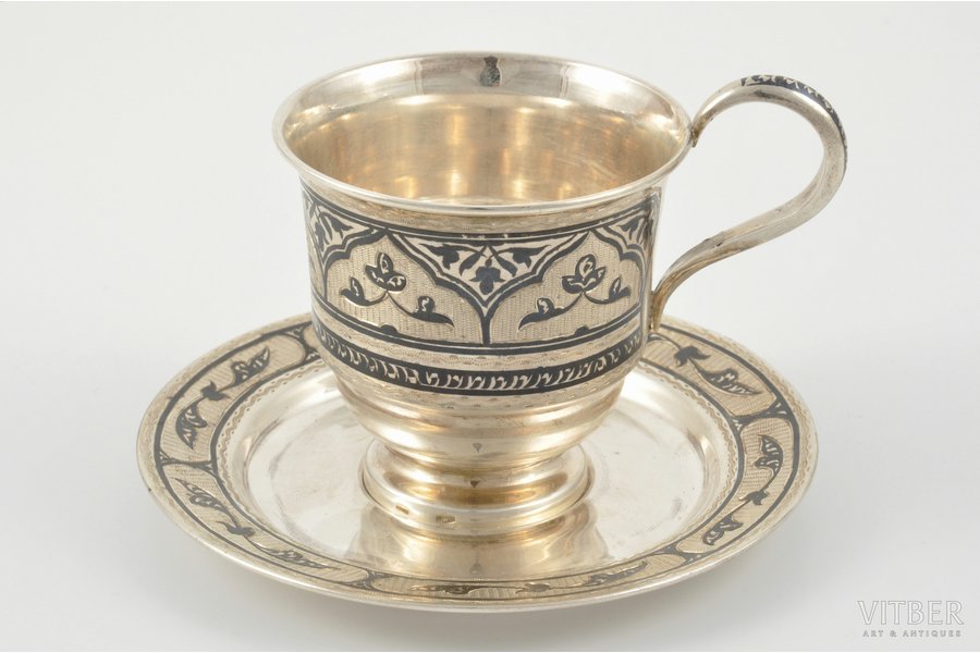 tea pair, silver, in a box, 875 standard, 130.95 g, engraving, niello enamel, Ø = 11.1 cm, h (with handle) = 7 cm, beginning of 21st cent., Kubachi, Russian Federation