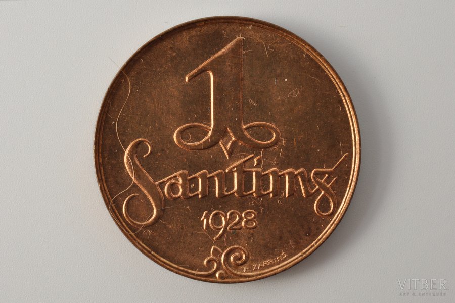 1 сантим, 1928 г., Латвия, 1.65 г, Ø 17 мм, AU