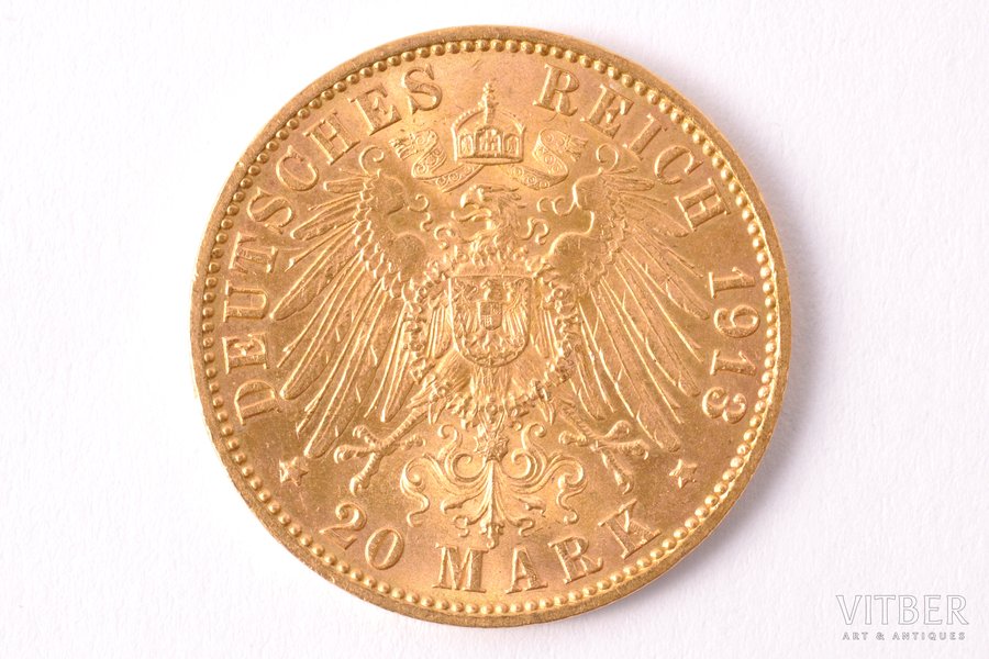 20 marks, 1913, J, Hamburg, gold, Germany, 7.95 g, Ø 22.6 mm, AU