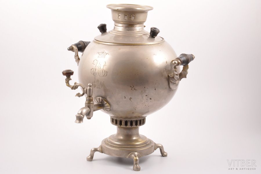 samovar, Братья Воронцовы, shape "smooth sphere", brass, nickel plating, Russia, the 2nd half of the 19th cent., 32.5 cm, weight 2810 g