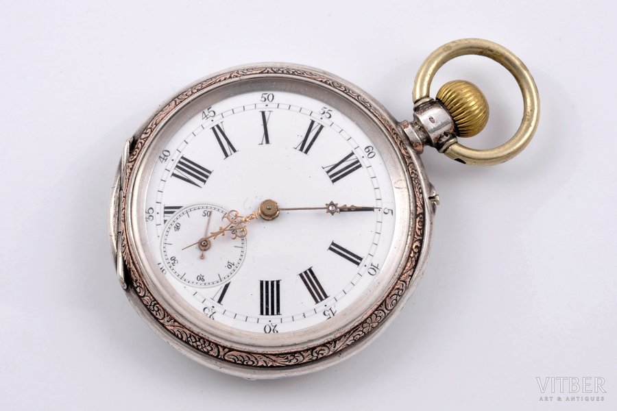 pocket watch, Ligne Droite Spiral Breguet, "Remontoir", Switzerland, the 18th-19th cent., silver, 800 standart, 80.70 g., 50 mm, working well