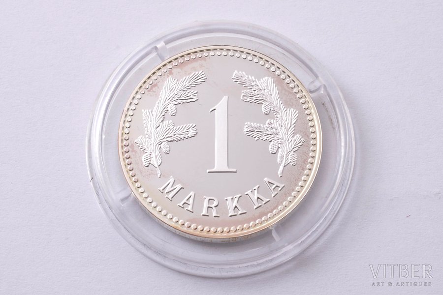 1 марка, 2001 г., серия "История финской марки", реплика монеты 1921 года, серебро, Финляндия, 14.35 г, Ø 30 мм, Proof
