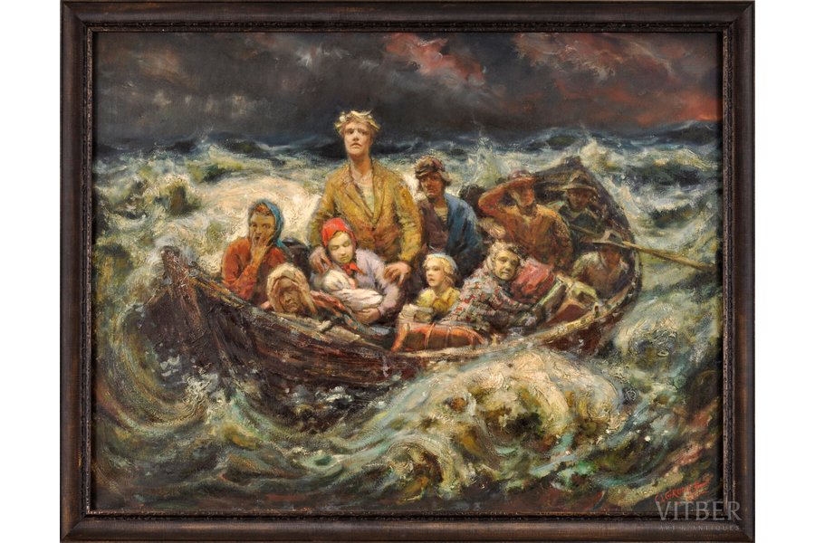 Grunde Otto (1907-1982), "Will get you to the shore or not", 1966, canvas, oil, 76x101 cm, artwork was exhibited in Cleveland in 1968