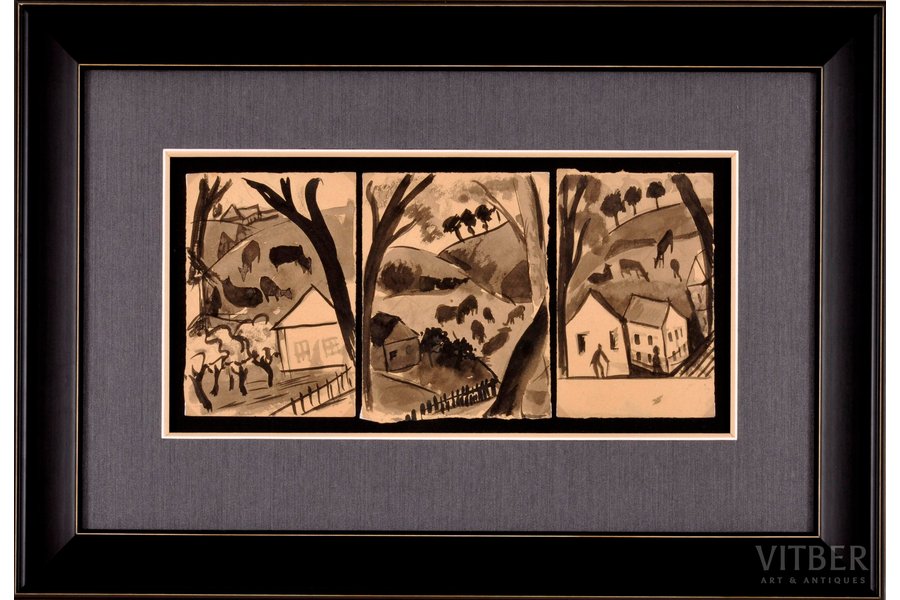 Suta Romans (1896-1944), triptych "Penza", 1916-1917, paper, mixed tehnique, 17x12 (*3) cm, Penza Art College