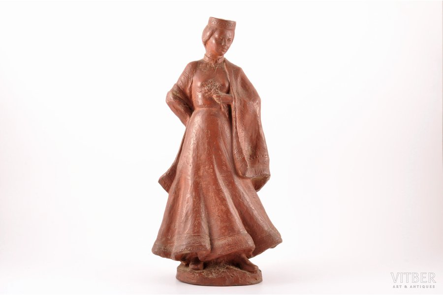 figurine, young woman in folk suit, ceramics, USSR, sculpture's work, molder - Victor Aleksandrovitch Burlyayev, the 50ies of 20th cent., 34.5 cm