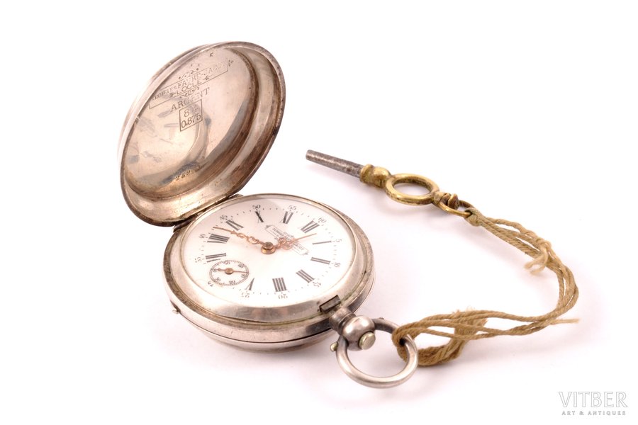 pocket watch, "Georges Favre Jaсot", Switzerland, the 19th cent., silver, 84 standart, 33.30 g., 35 mm, key wind, working well