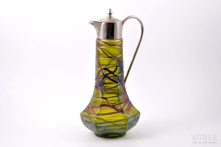pitcher, methal, iridized glass, embossed overlay glass elements, Art Nouveau, Crystal Plant of Gus-Khrustalny, Russia, the beginning of the 20th cent., h 29.1 cm