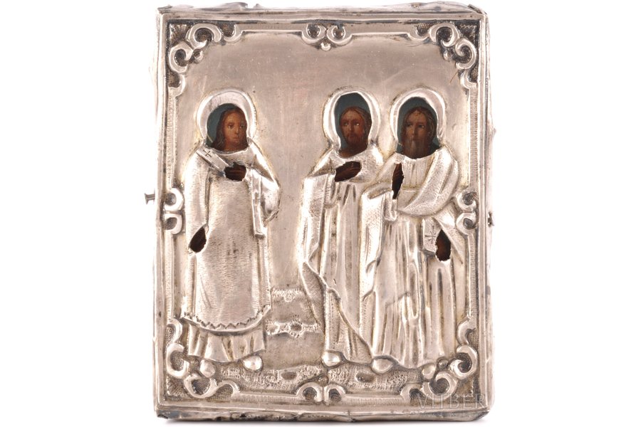 icon, Holy Martyrs and Confessors Gurias, Samon and Habib, board, silver, painting, 84 standart, Russia, 1857, 8.9 x 7 x 1 cm (icon), 9.1 x 7.4 x 0.6 cm (oklad) cm, (oklad) 17.90 g.