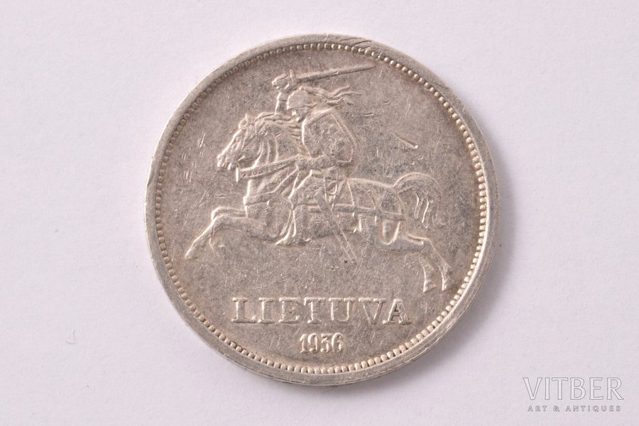 5 литов, 1936 г., серебро, Литва, 8.80 г, Ø 27.2 мм, XF, VF