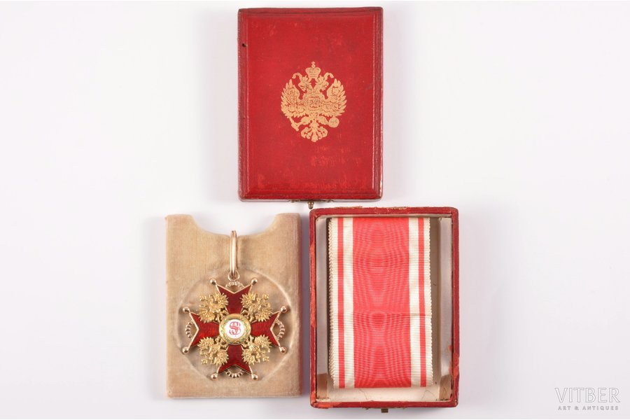 ordenis, Svētā Staņislava ordenis ar oriģinālo kastīti un lenti, 2. pakāpe, zelts, Krievijas Impērija, 19.gs. 2. puse, 50.5x48 mm, 20.8 g, Alberta Kejbeļa darbnīca