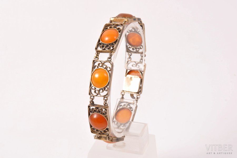 a bracelet, silver, 875 standard, 15.90 g., the item's dimensions 20 cm, amber, the 30ties of 20th cent., Latvia