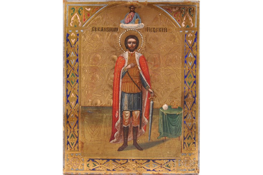 ikona, Svētais Aleksandrs Ņevskis, dēlis, gleznojums, vizuļzelts, 19. gs. 2. puse, 22.3 x 17.5 x 2 cm