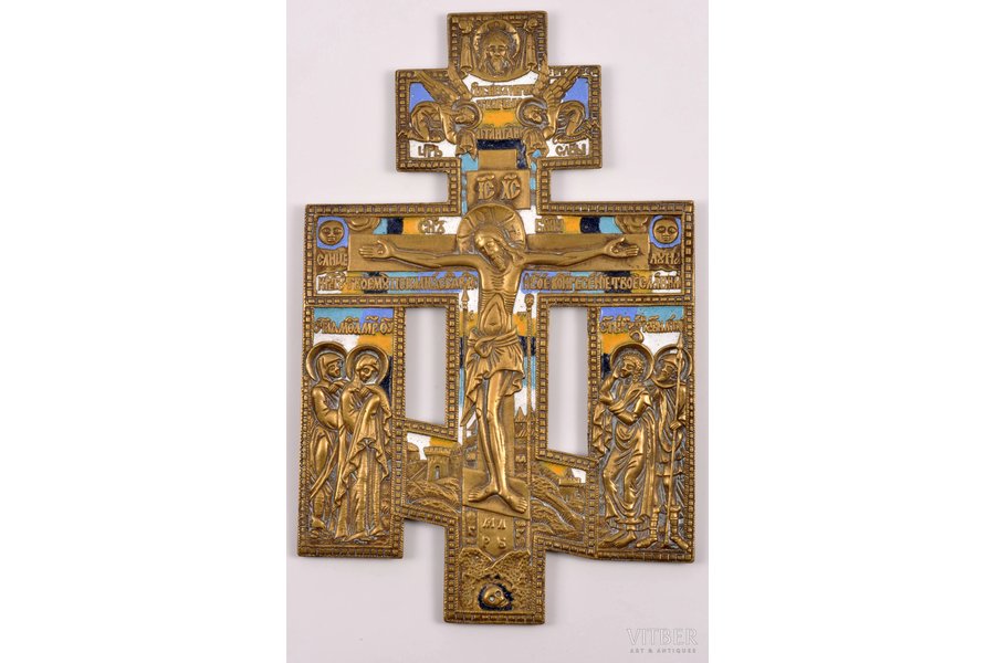 cross, "The Crucifixion of Christ", with The Mother of God and saint Martha on left plate and John the Evangelist and martyr Longinus on the right plate, copper alloy, 5-color enamel, Russia, the border of the 18th and the 19th centuries, 22 x 14.3 x 0.5 cm, 609.45 g.