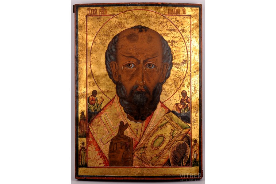 ikona, Svētais Nikolajs Brīnumdarītājs, dēlis, gleznojums, vizuļzelts, Krievijas impērija, 19. gs., 47.4 x 33.8 x 2.8 cm
