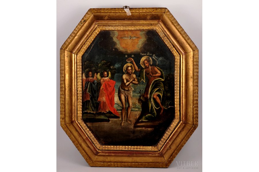 икона, Крещение Господне, доска, живопиcь, Российская империя, 18-й век, 37.4 x 30 см (размеры иконы), 52.4 x 45.2 см (размеры иконы в раме)