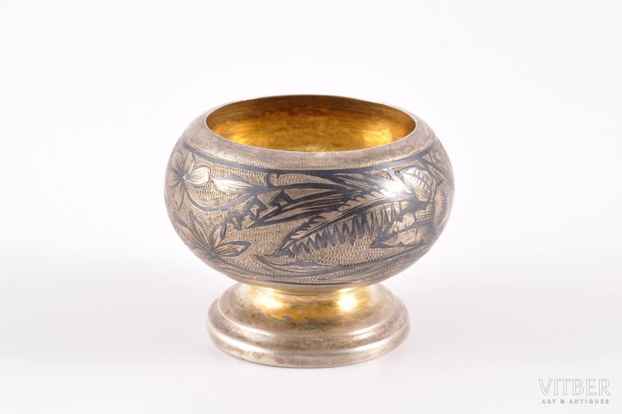 saltcellar, silver, 84 standart, niello enamel, engraving, 1889, 30.95 g, workshop of Sergey Agafonov, Moscow, Russia, Ø 5 cm, h 3.7 cm