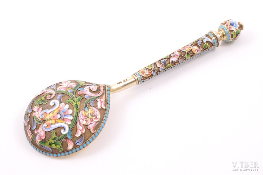 spoon, silver, 84 standard, 125.10 g, gilding, painted enamel, 20 x 6.2 cm, by Ivan Saltykov, 1899-1908, Moscow, Russia
