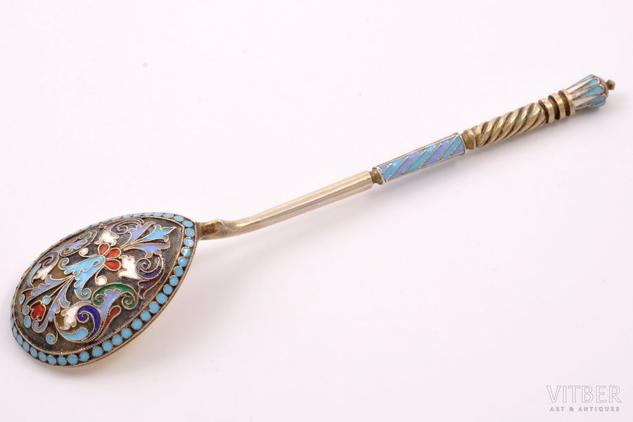 spoon, silver, 84 standard, 25.90 g, cloisonne enamel, 13.7 cm, 1899-1908, Moscow, Russia