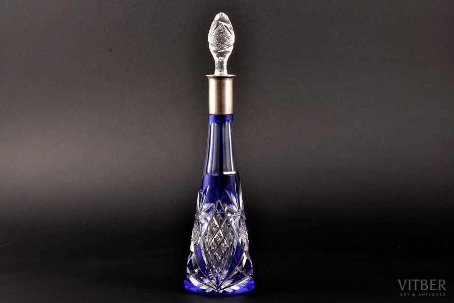 carafe, silver, blue crystal, 800 standart, the beginning of the 20th cent., (item's weight) 325.05 g, Germany, (without stopper) h 19.4 cm