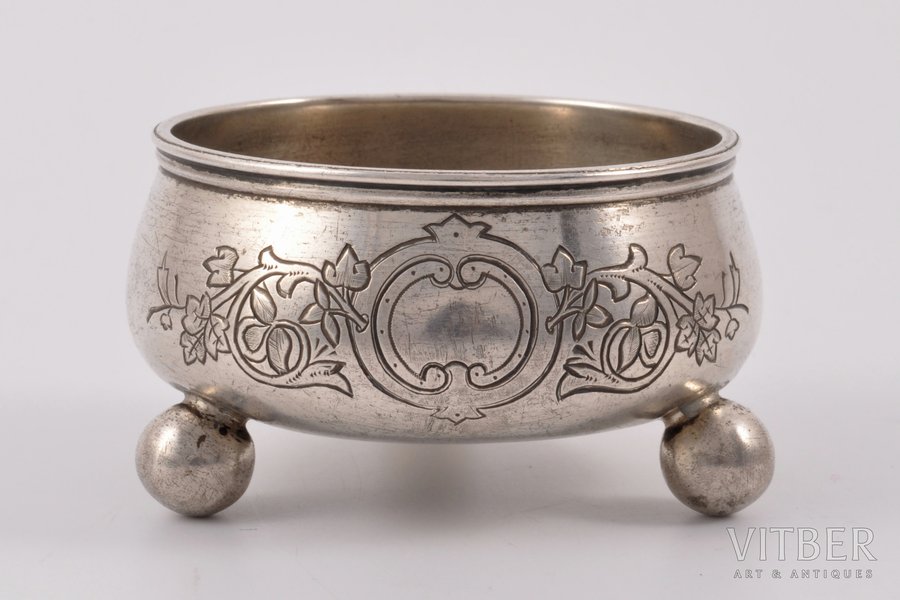saltcellar, silver, 84 standart, engraving, 1888, 48.50 g, by Andrey Aleksandrov, Moscow, Russia, h 3.8 cm, Ø 6.7 cm