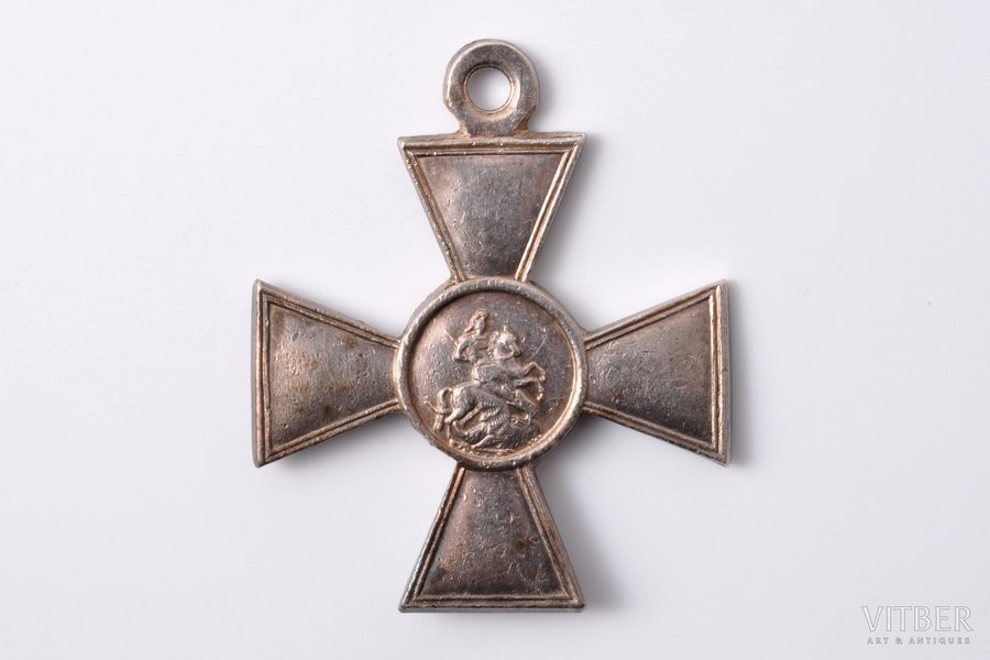 badge, Cross of St. George, Nº 107371, awarded to Grīnvalds Vilis,
junior sub-officer of 2nd company of 1st Daugavgrīva Latvian Riflemen Regiment for excellence in secret service mission, 20.11.1915 at Kutniki village, 3rd class, silver, Russia, 1915, 40.8 x 34.3 mm, 10.20 g