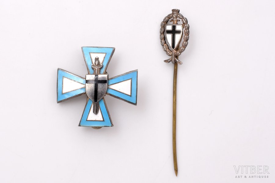 2 miniature badges, Baltic land defence (Baltische landeswehr); For merit of Baltic Land Defence shock troop unit, silver, Latvia, 20ies of 20th cent., 22.2 x 22.2 ; 15.7 x 8.9 mm, 3.65 + 0.9 g, 935, 800 standard