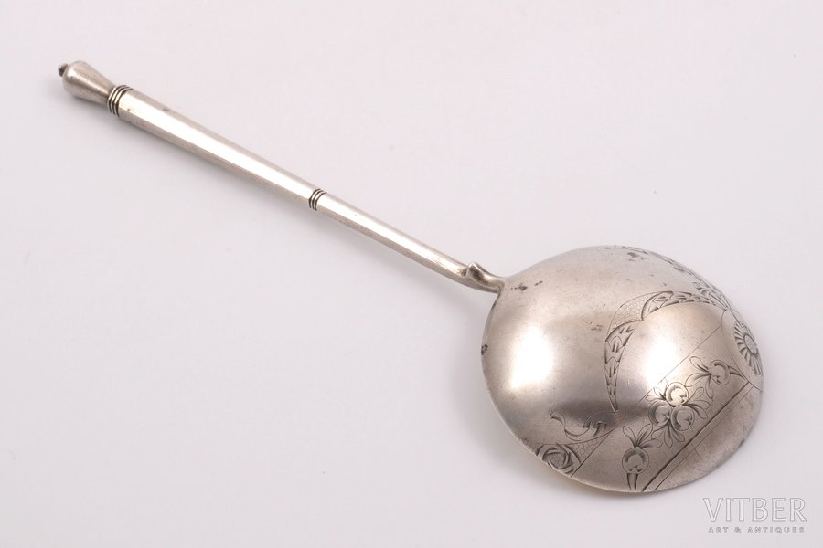 spoon, silver, 84 standard, 77.55 g, engraving, 19.6 cm, by Nikolay Pavlov, 1908-1917, Moscow, Russia