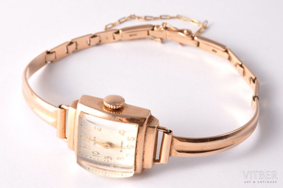 wristwatch, "Лира", USSR, the 60ies of 20th cent., gold, 583 standart, (total) 21.15 g., (dial) 2.9 x 1.7 cm, (Ø, wristlet) 6.2 cm, working well